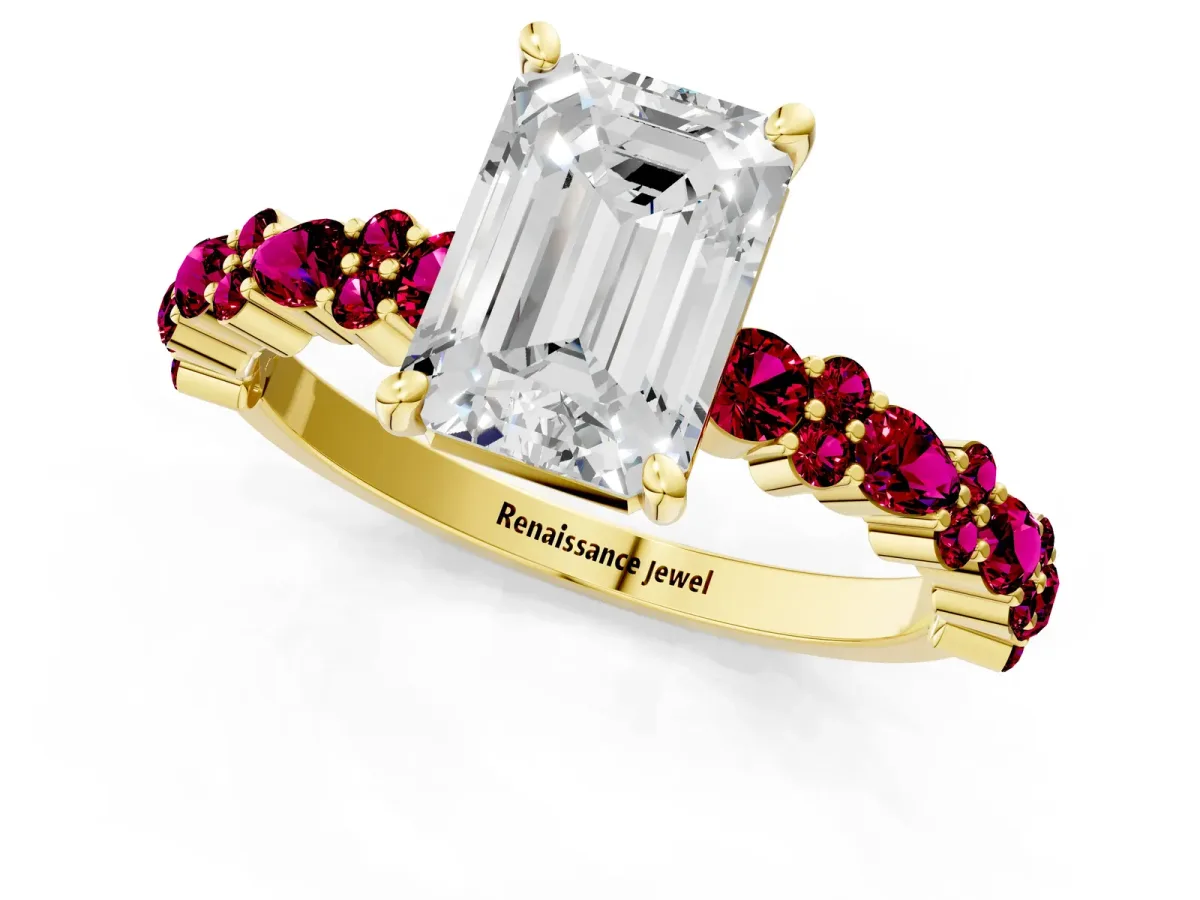 Emerald Cut Diamond Side Stone Solitaire Ring with Round Garnet and Four-Prong Setting Yellow gold