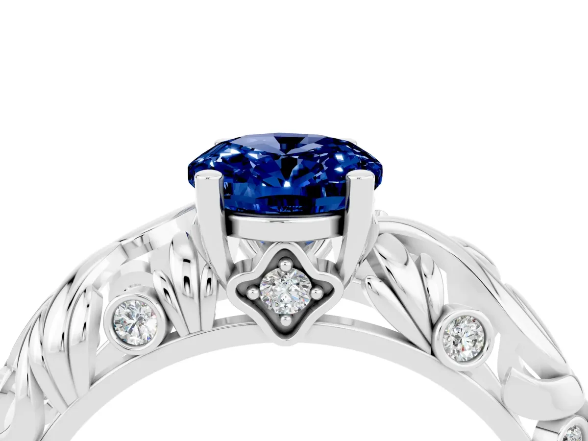 Oval Cut Solitaire Blue Sapphire Leaf-Inspired Vine Band Ring with Prong Setting White gold