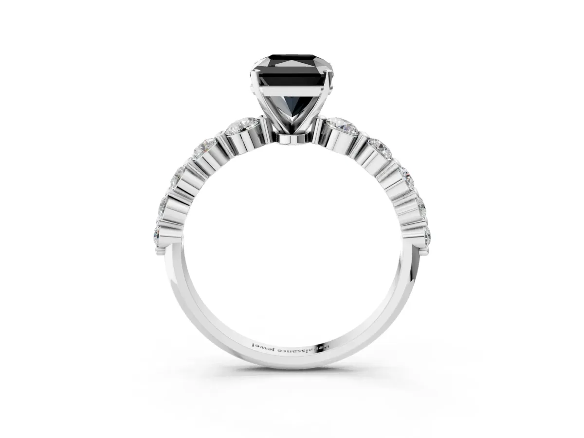 Fancy Black Radiant Cut Solitaire Diamond Ring with Pave Band and Four-Prong Setting Silver