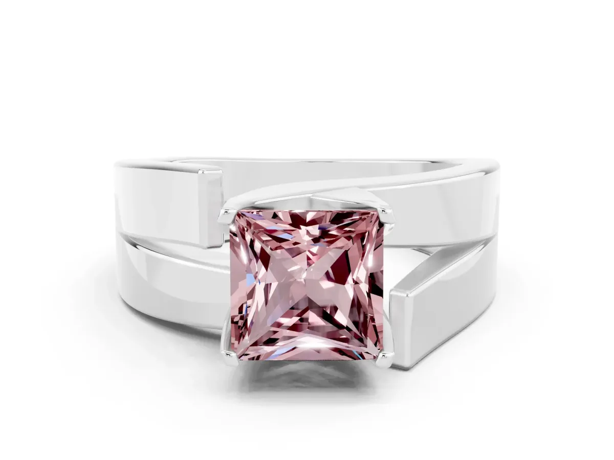 Modern Tension Set Princess Cut Morganite Solitaire Wide Band Ring Silver