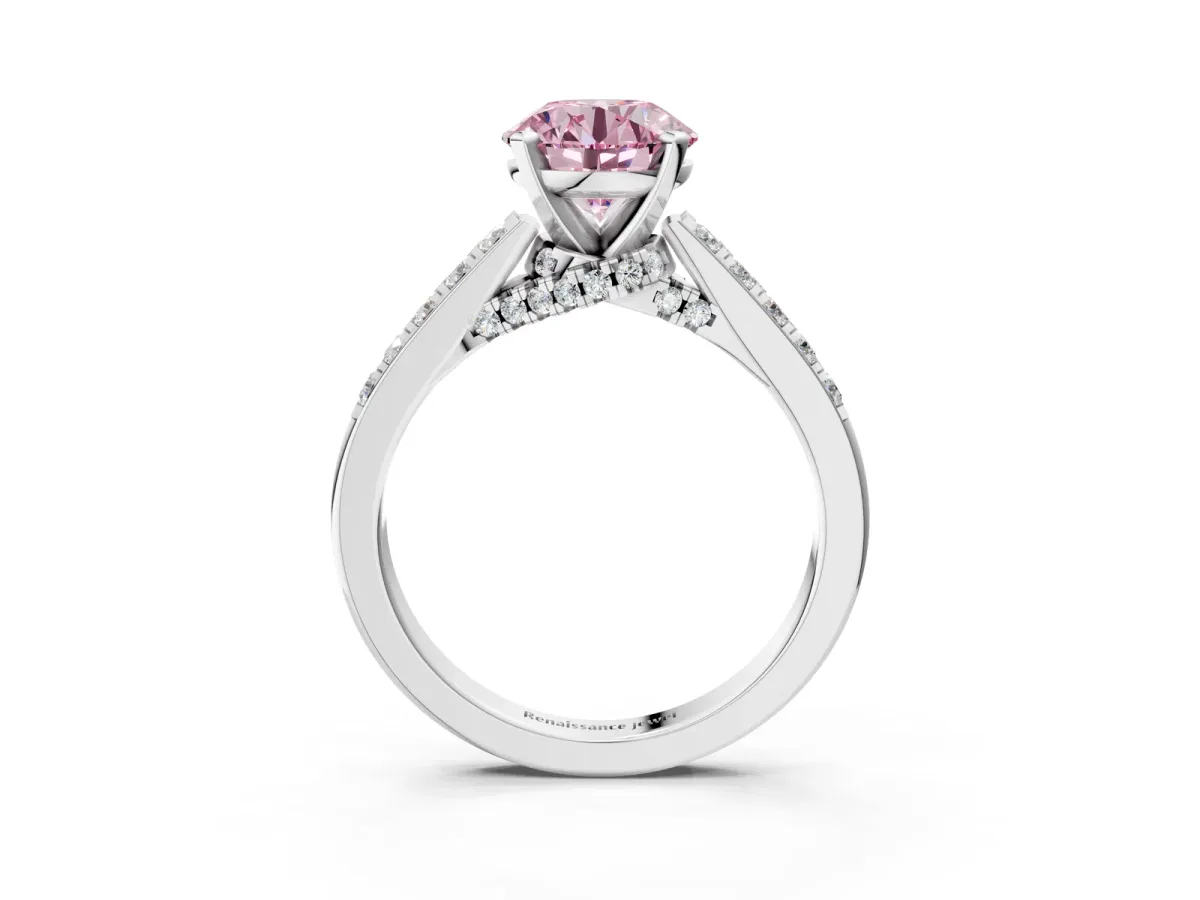 Fancy Pink Round Cut Diamond Solitaire Ring with Crossover Gallery and Round Pavé Band Silver