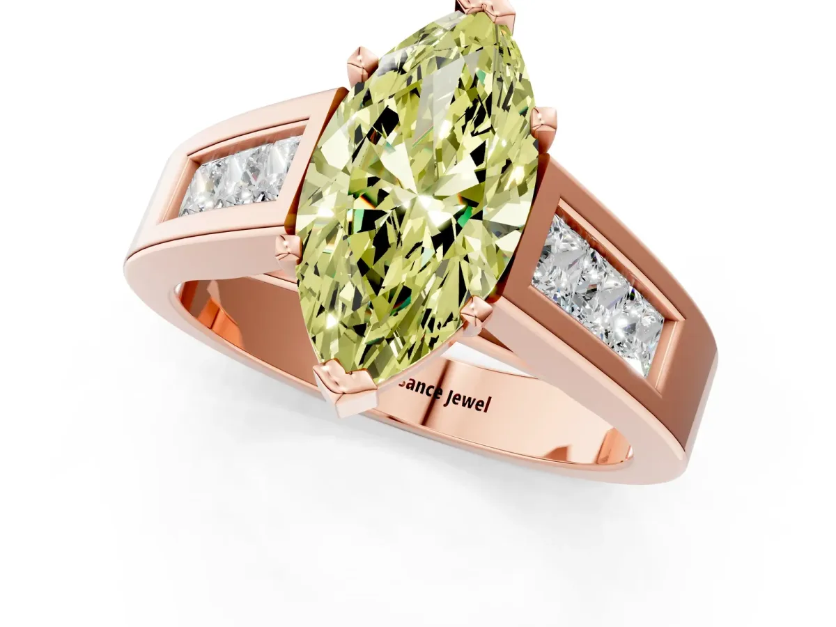 Fancy Yellow Marquise Cut Cut Channel Set Solitaire Ring with Four-Prong Setting Rose gold