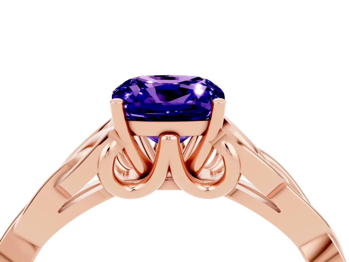 Cushion Cut Tanzanite Solitaire Celtic Knot Ring with Four-Prong Setting Rose gold