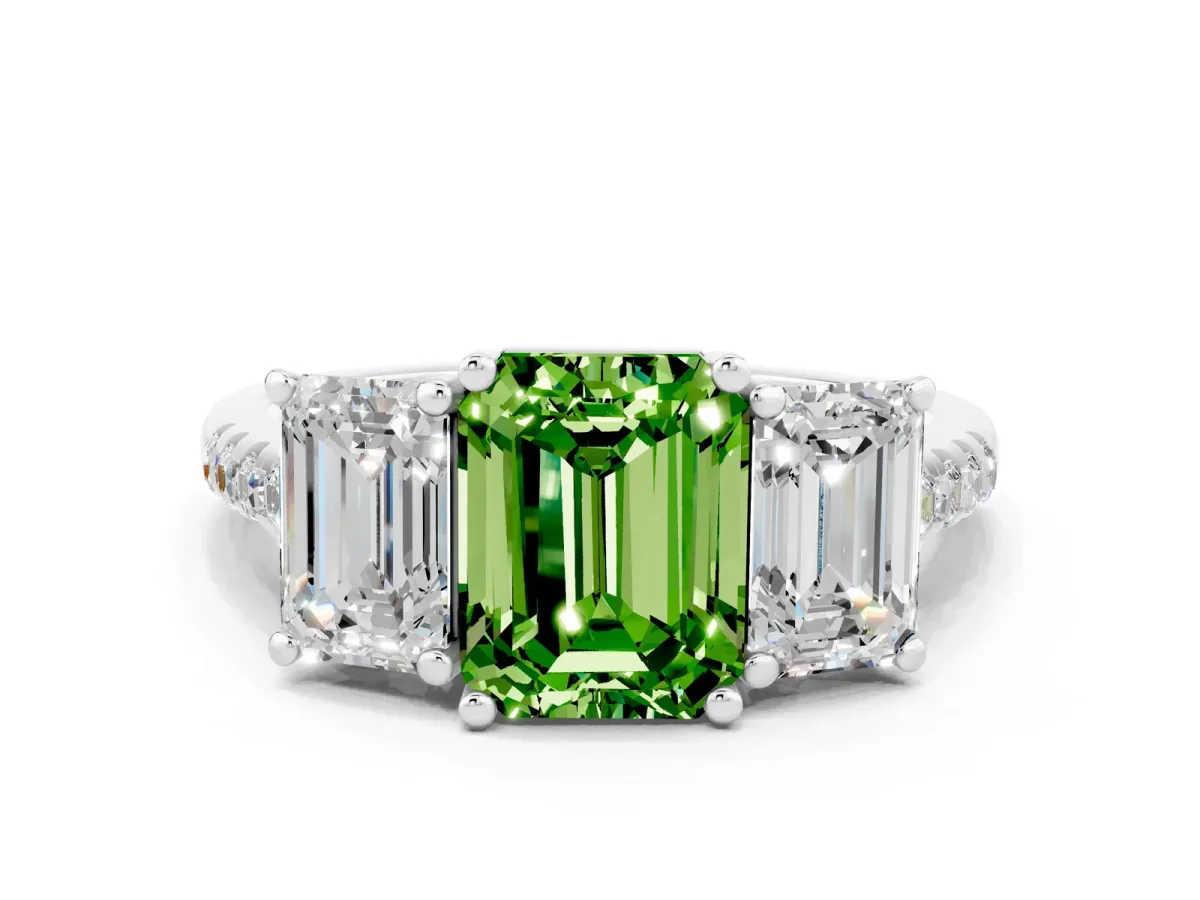 Three-Stone Emerald Cut Peridot Ring with Round Pavé Band and Prong Setting Platinum