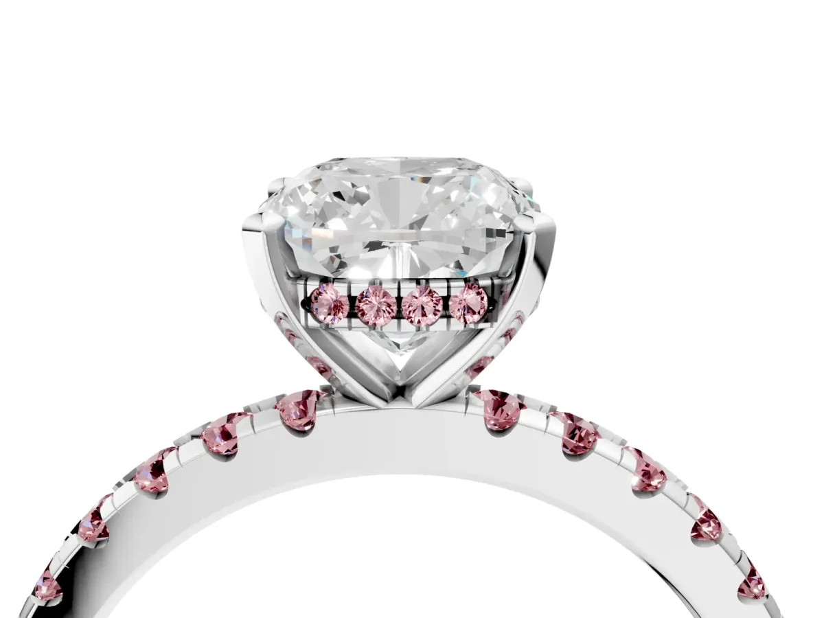Cushion Cut Diamond Solitaire Ring with Round Morganite Pavé Band and Four-Prong Setting Silver