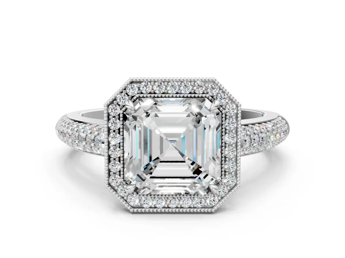 Asscher Cut Cut Halo Diamond Pave Band with Four-Prong Setting Platinum