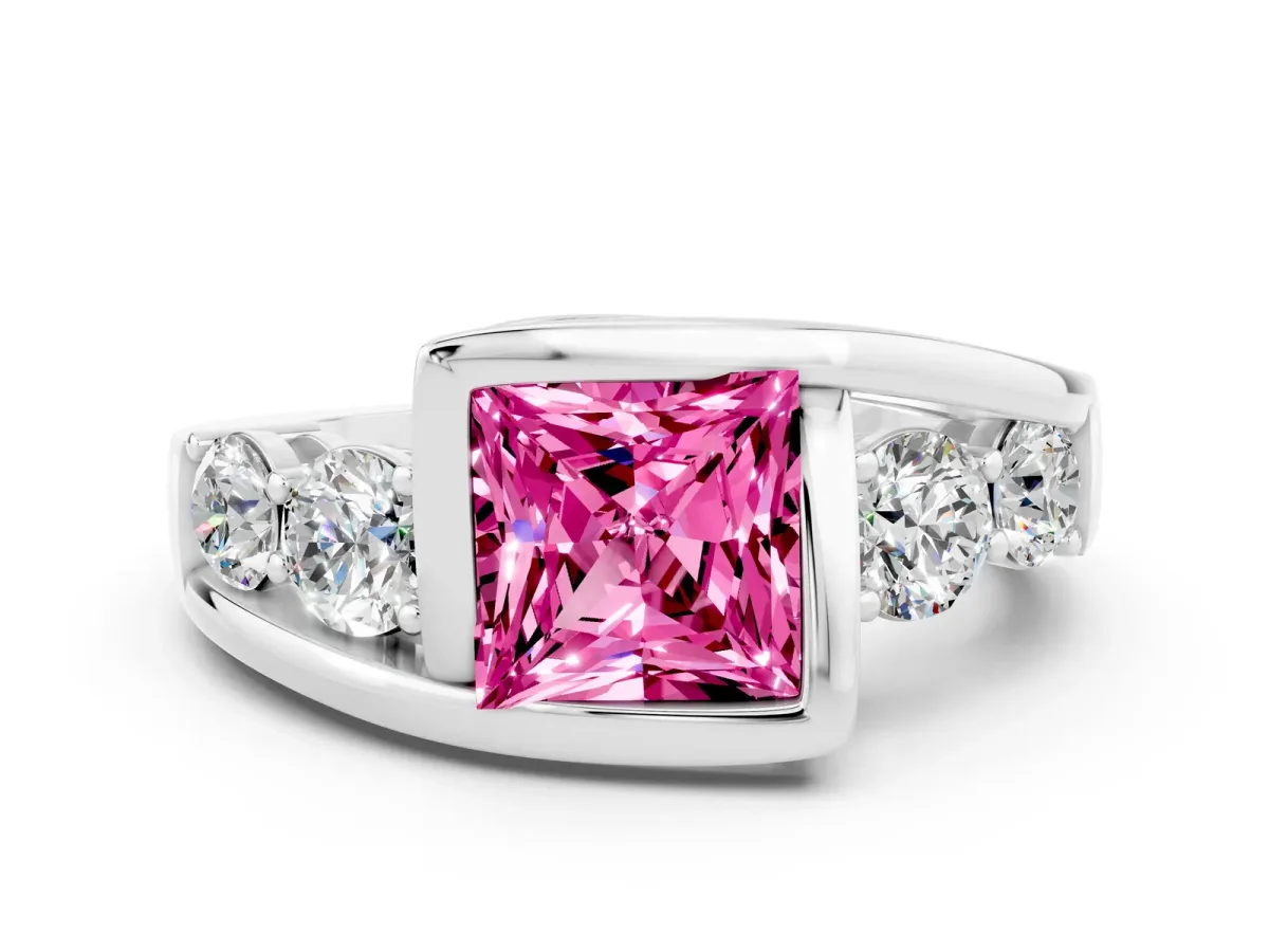 Bezel Set Princess Cut Pink Sapphire Bypass Ring with Round Accents Silver