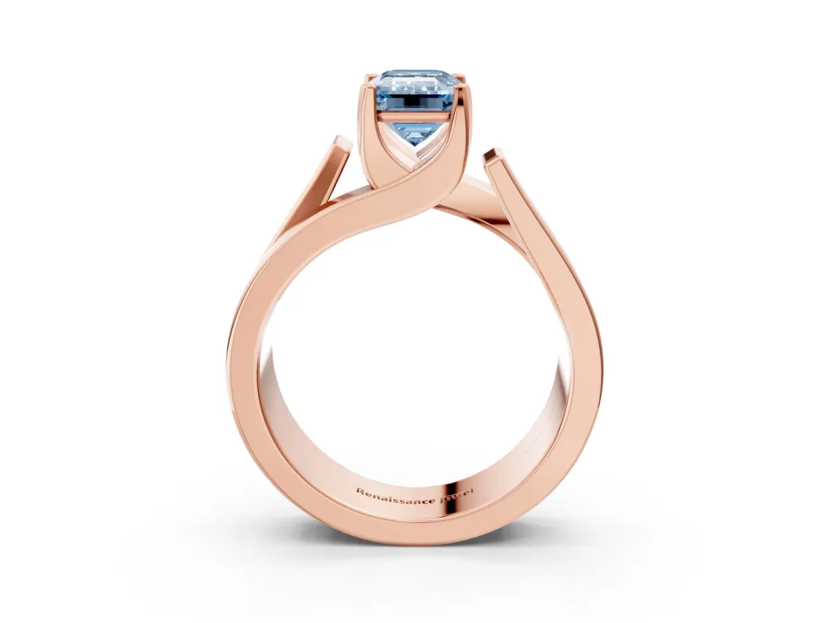Fancy Blue Modern Tension Set Emerald Cut Diamond Solitaire Wide Band Ring Rose gold