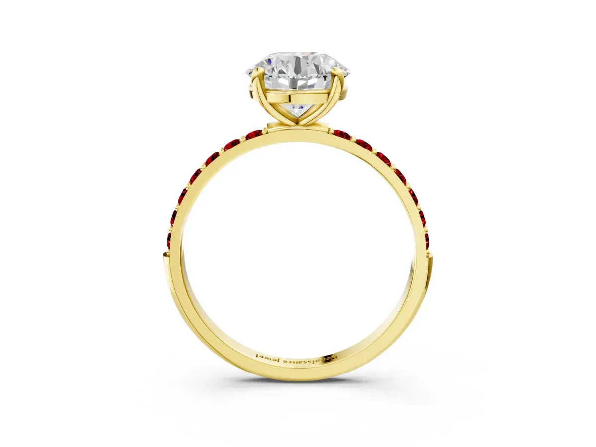 Round Cut Diamond Solitaire Ring with Round Ruby Pavé Band and Prong Setting Yellow gold