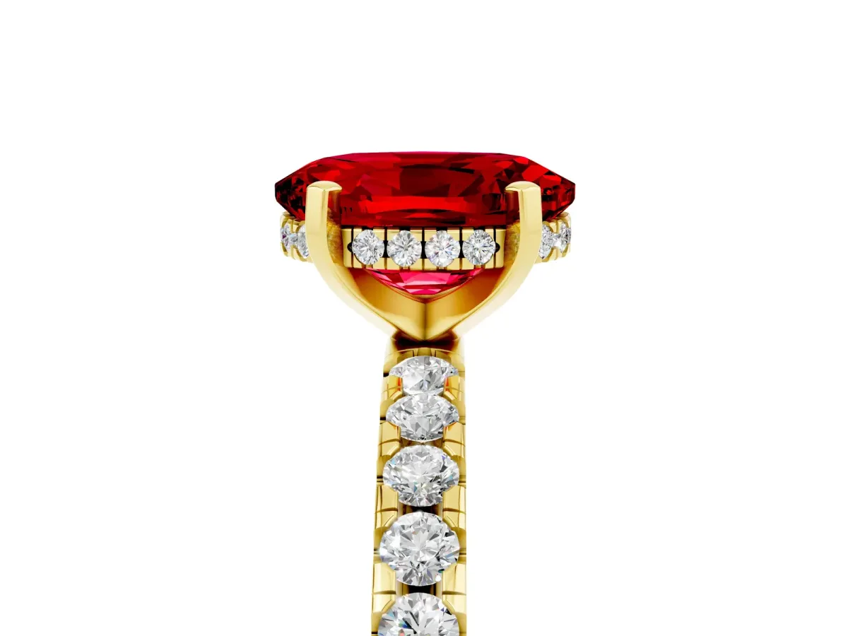 Oval Cut Ruby Solitaire Ring with Round Pavé Band and Four-Prong Setting Yellow gold