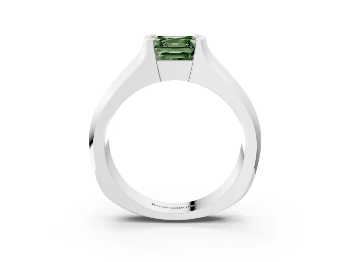 Fancy Green Asscher Cut Solitaire Bezel Set Diamond Ring with Wide Band Platinum