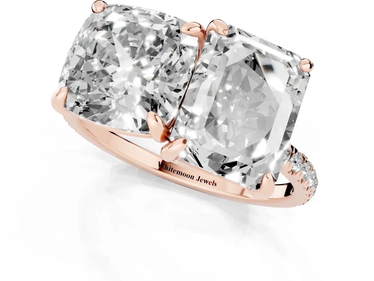 Cushion and Emerald Toi Moi Ring with Prong Setting and Micro Pave Band Rose gold