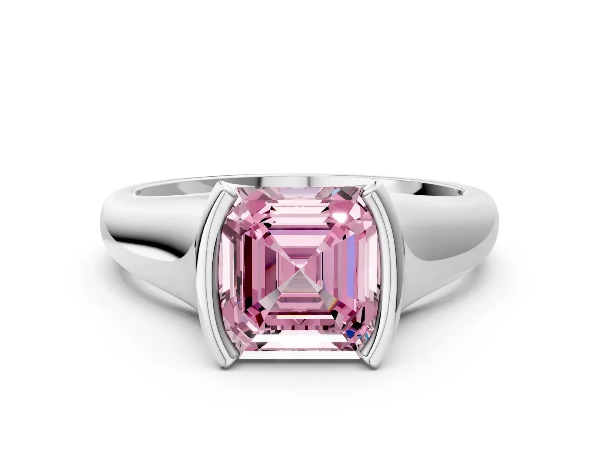 Fancy Pink Asscher Cut Solitaire Tension Set Diamond Ring with Split Shank Band Platinum