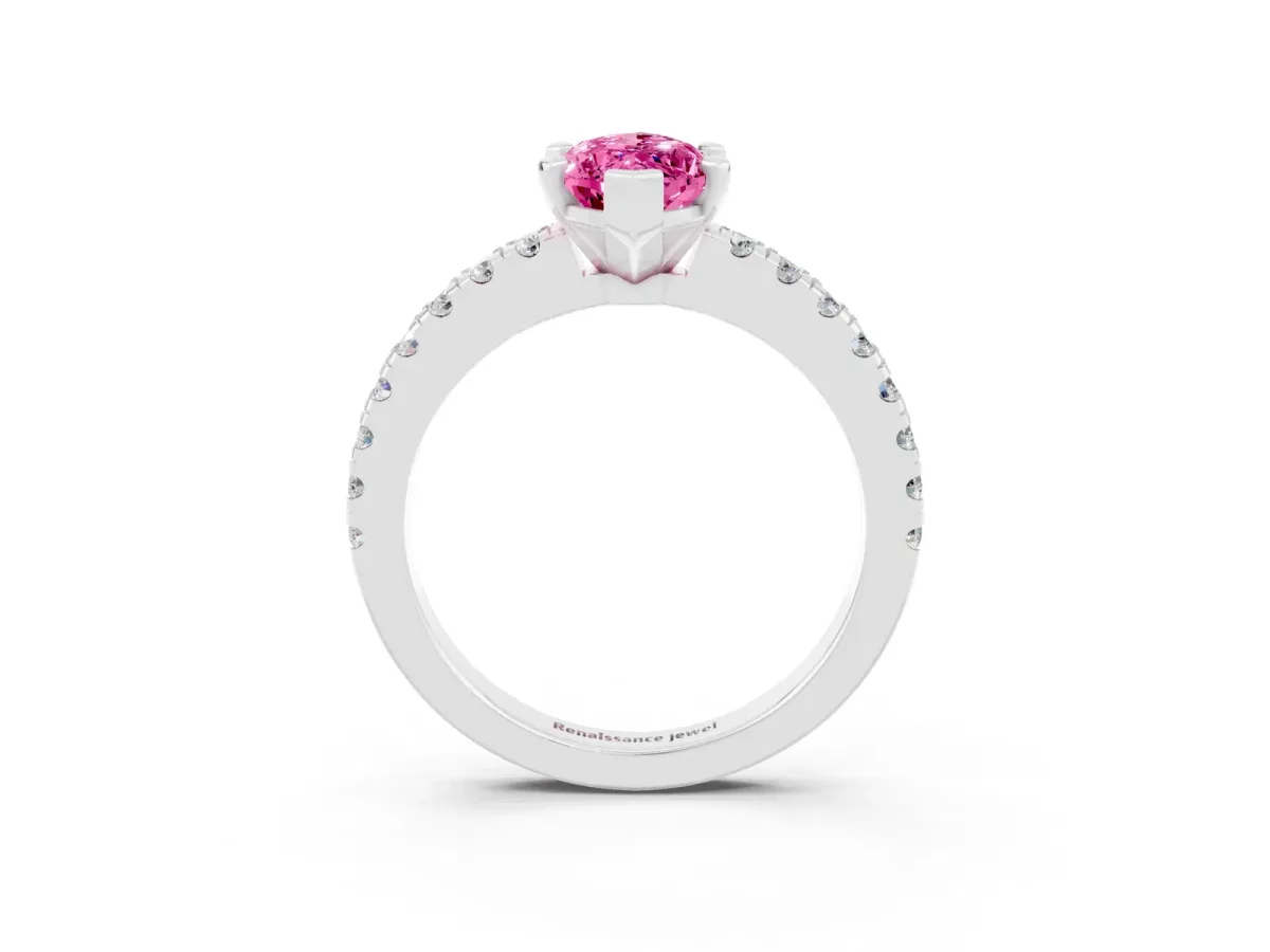 Marquise Cut Solitaire Pink Sapphire with Pavé Band and Four-Prong Setting Silver