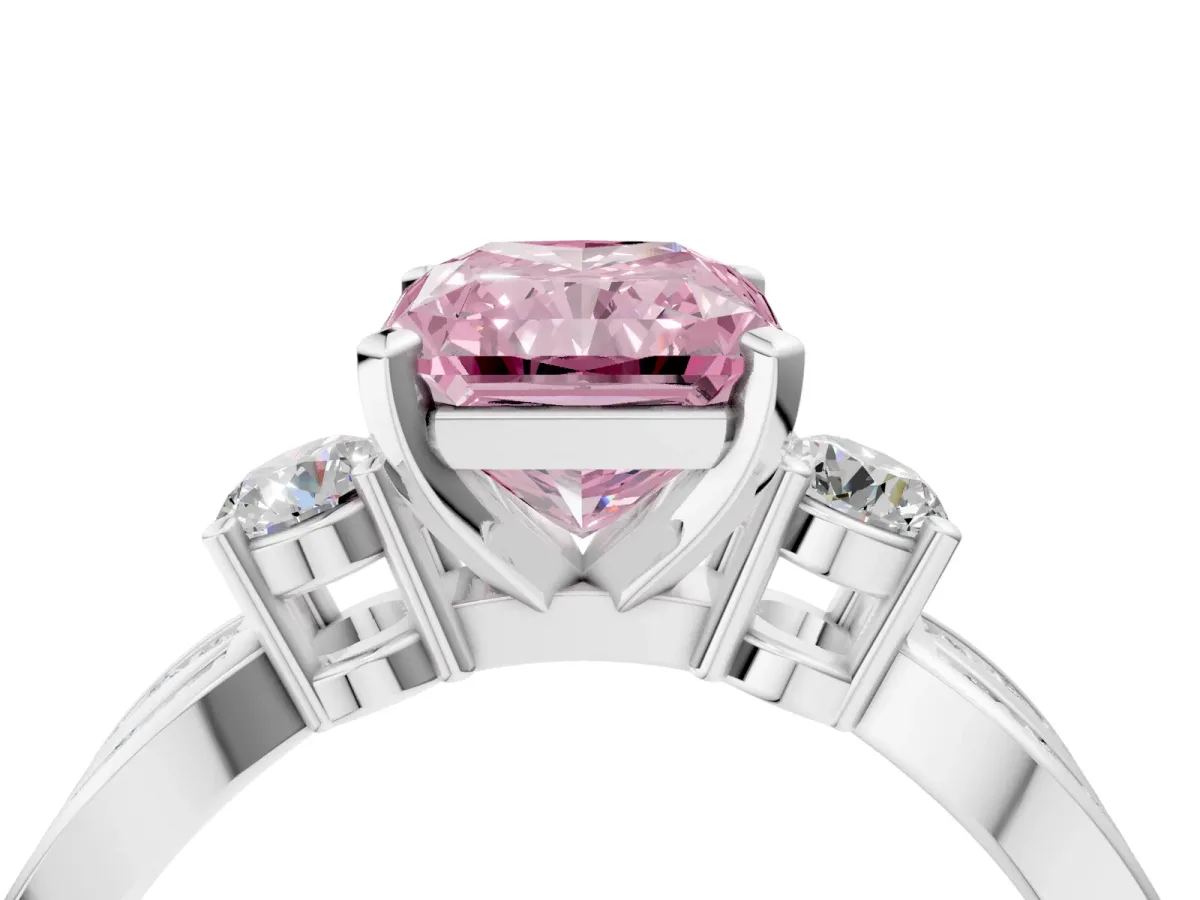 Fancy Pink Three-Stone Radiant Cut Cut Diamond Twist Band with Prong Setting Platinum