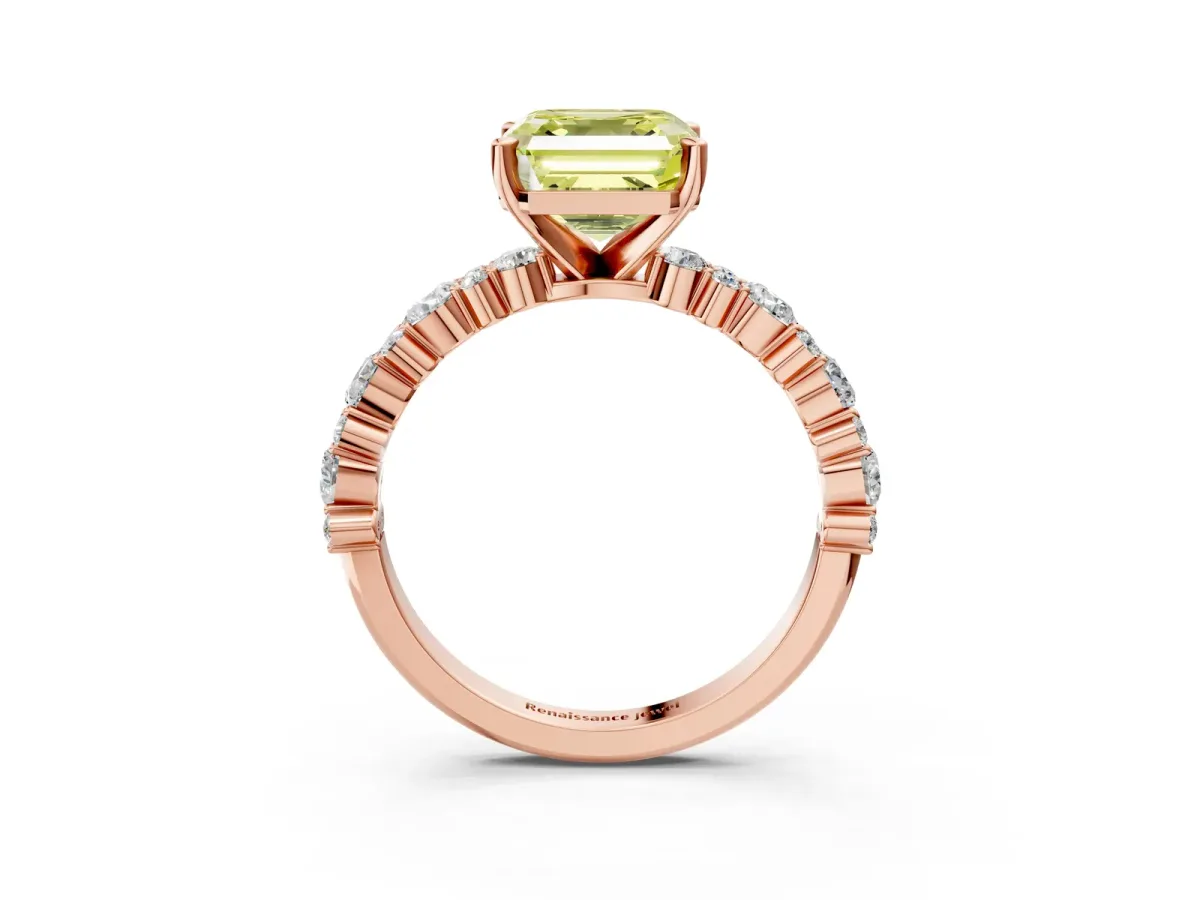 Fancy Yellow Asscher Cut Diamond Side Stone Solitaire Ring with Round and Four-Prong Setting Rose gold