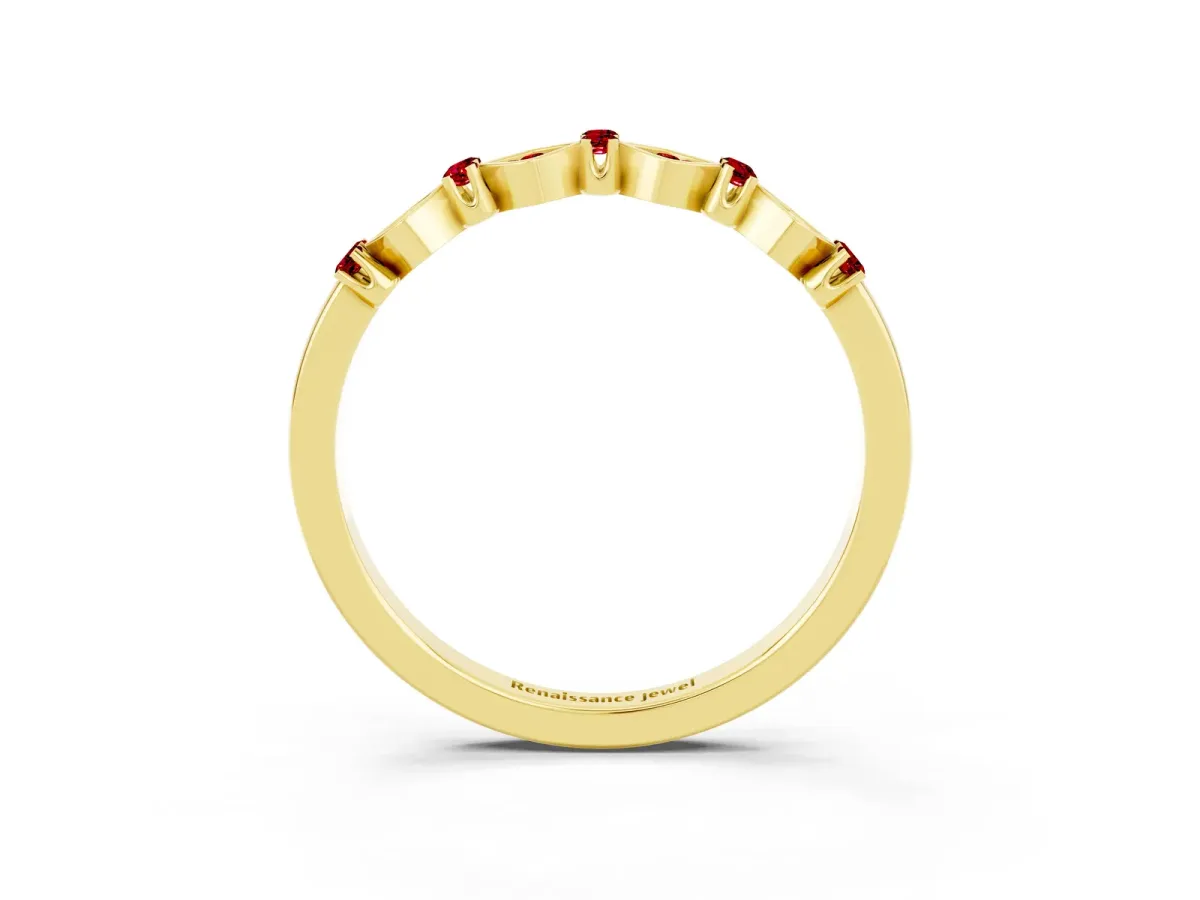 Pavé Cushion Ruby Cluster Eternity Band with Prong Setting Yellow gold