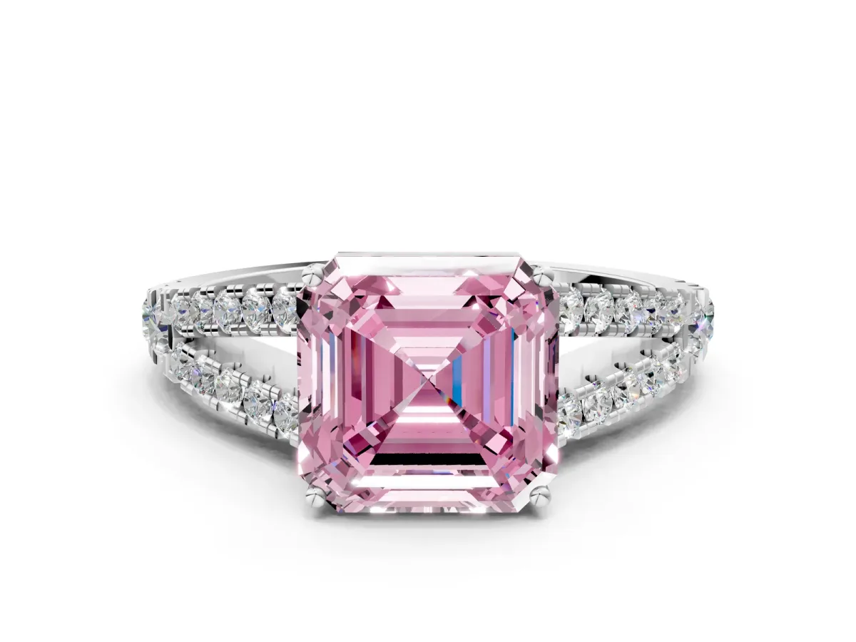 Fancy Pink Asscher Cut Diamond Split Shank Engagement Ring with Round Pavé and Prong Setting Platinum