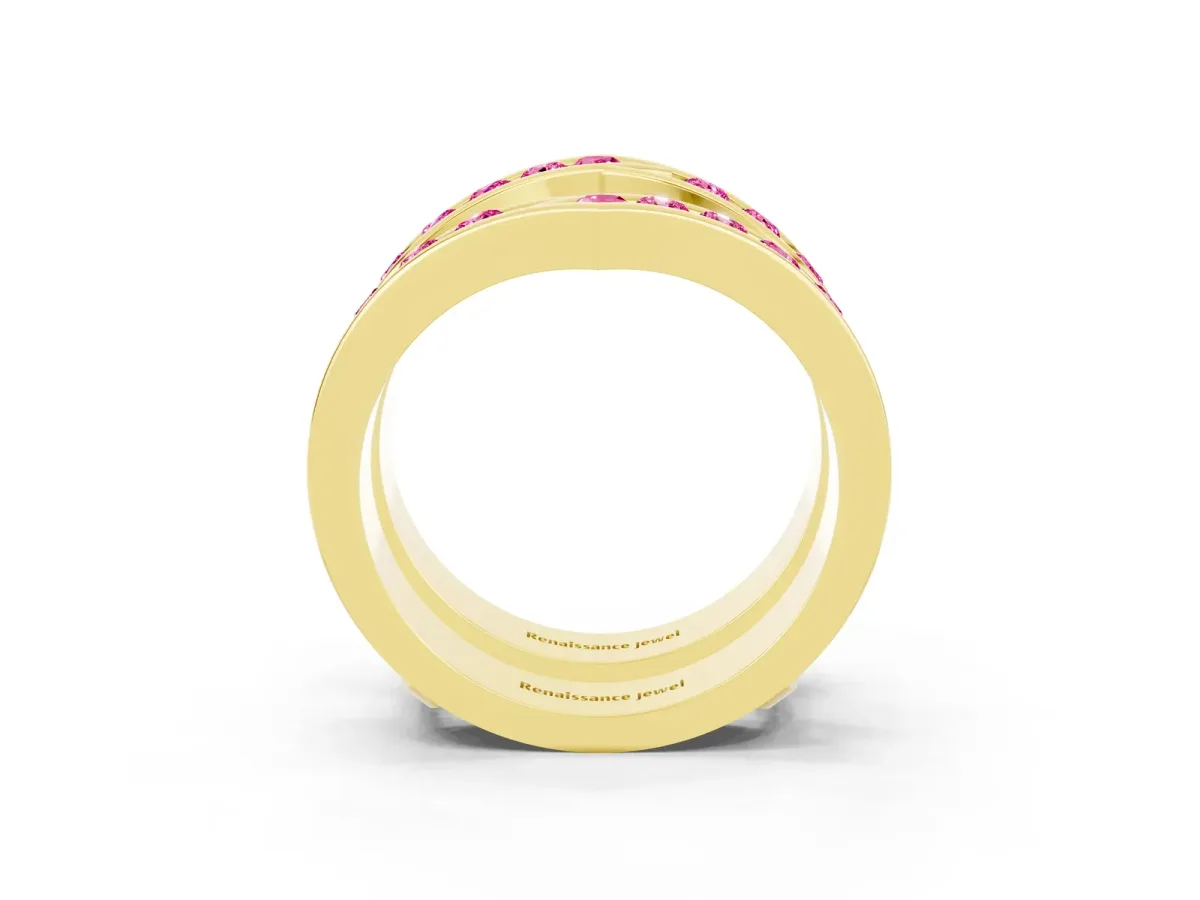 Round Pink Sapphire Channel-Set Chevron Band Yellow gold