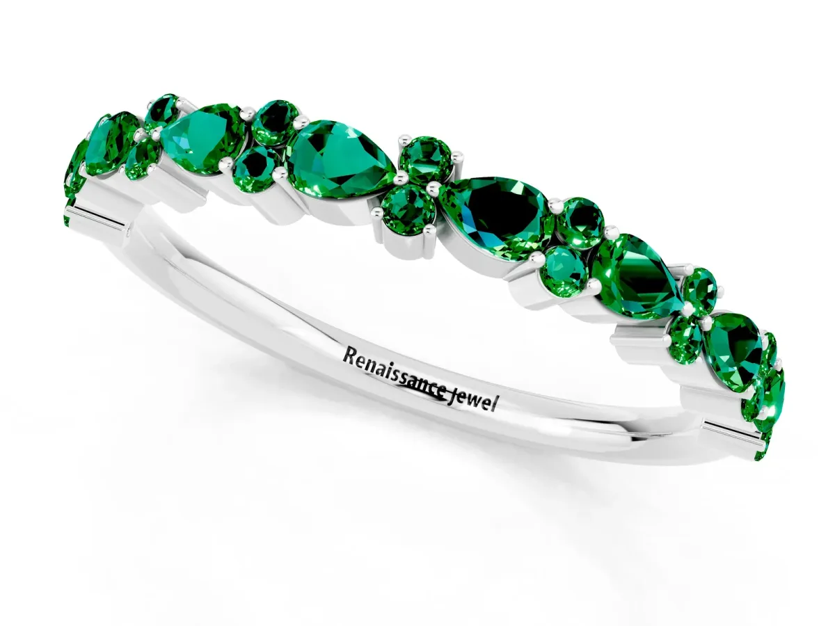 Pear and Round Emerald Wedding Band Silver