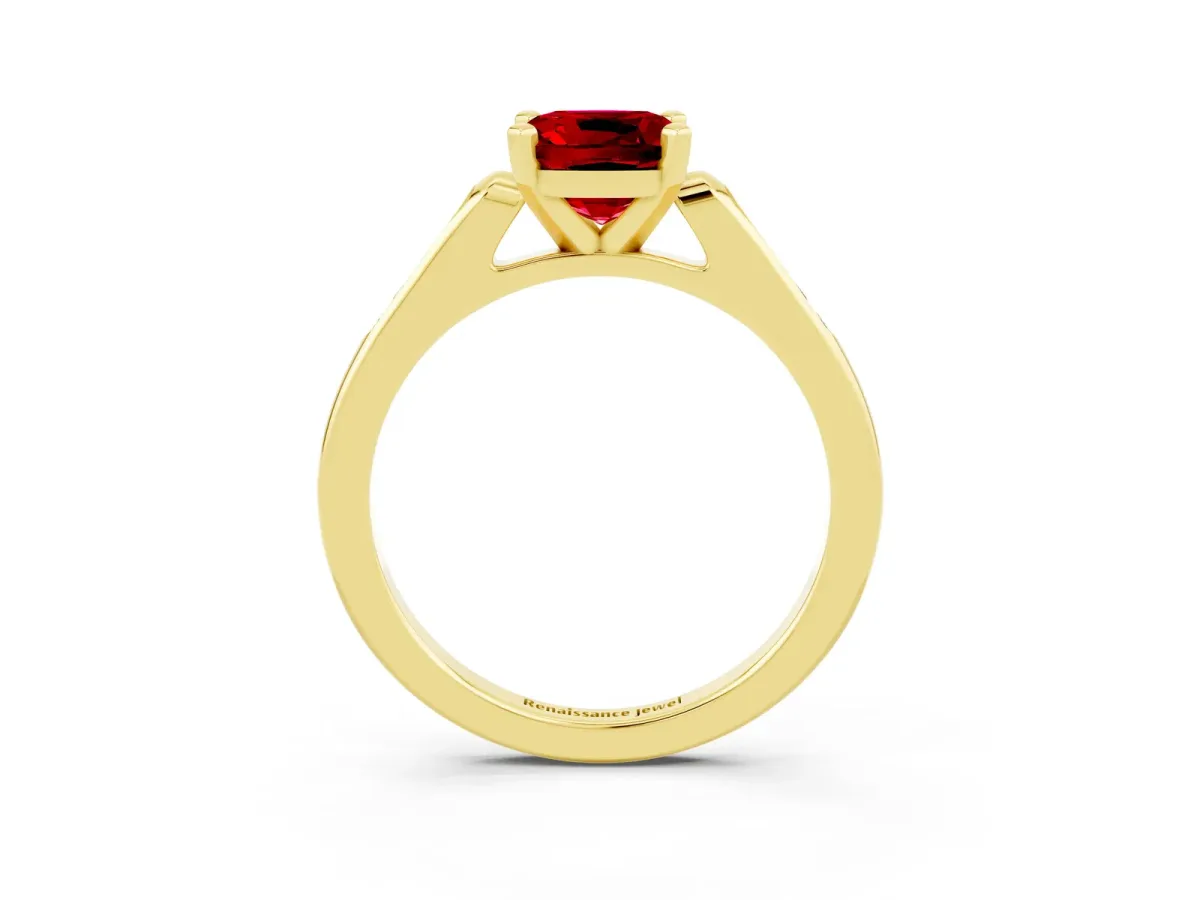 Cushion Cut Ruby Solitaire Ring with Channel Set Round Band and Prong Setting Yellow gold