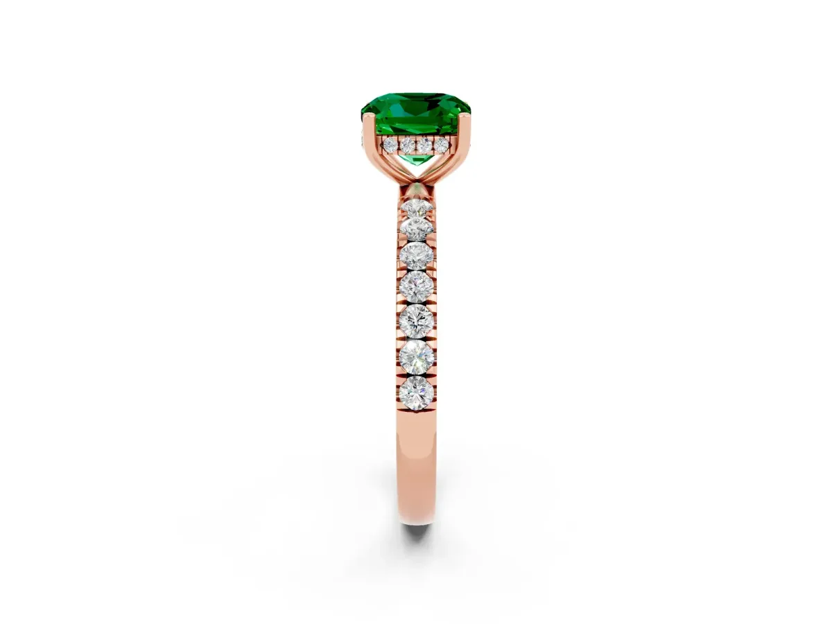 Cushion Cut Emerald Pave Band Solitaire Ring with Round and Prong Setting Rose gold