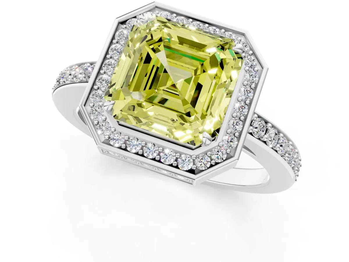 Fancy Yellow Asscher Cut Halo Pave Band Solitaire Ring with Prong Setting Platinum