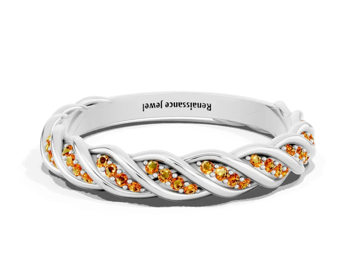 Twisted Pavé Round Citrine Eternity Band with Shared Prong Setting White gold