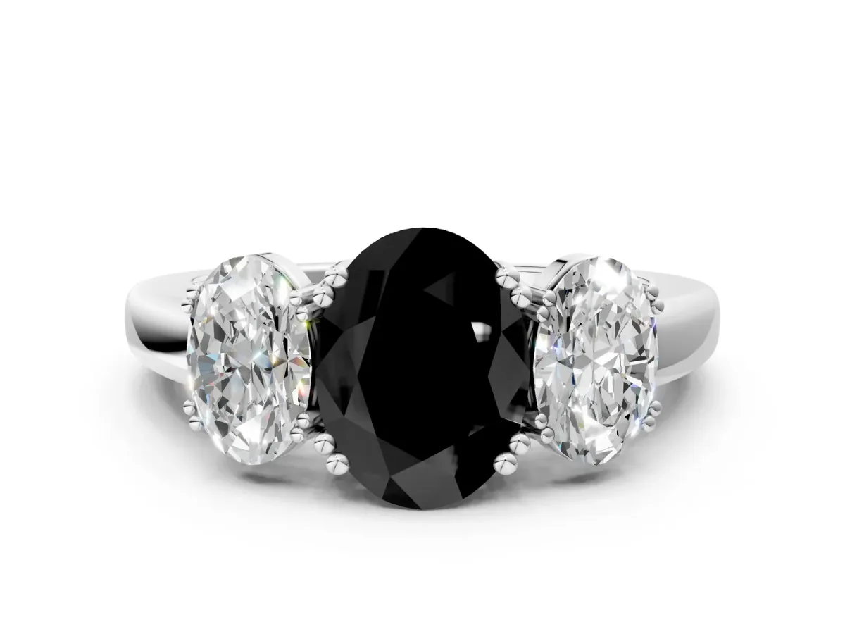 Fancy Black Three-Stone Oval Cut Cut Diamond Ring with Channel Set Band and Four-Prong Setting Silver