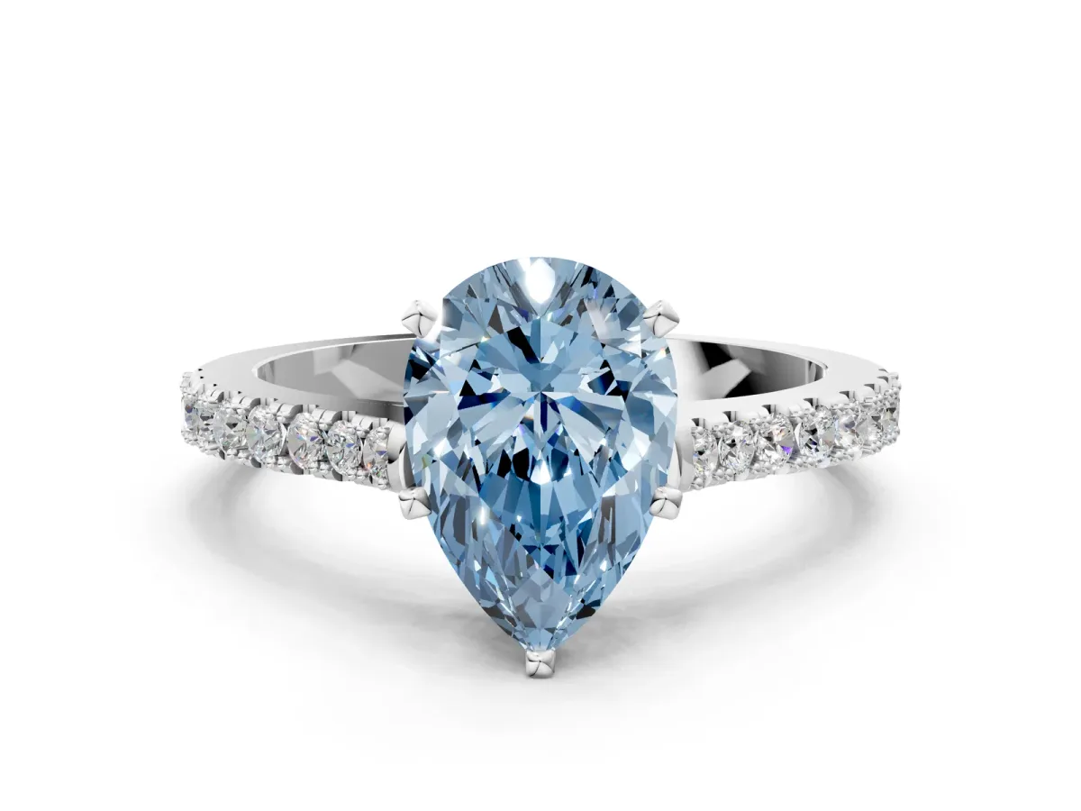 Fancy Blue Pear Cut Cut Solitaire Diamond Engagement Ring with Pave Band and Four-Prong Setting Silver