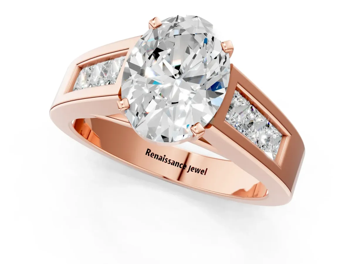 Oval Cut Cut Channel Set Solitaire Ring with Four-Prong Setting Rose gold