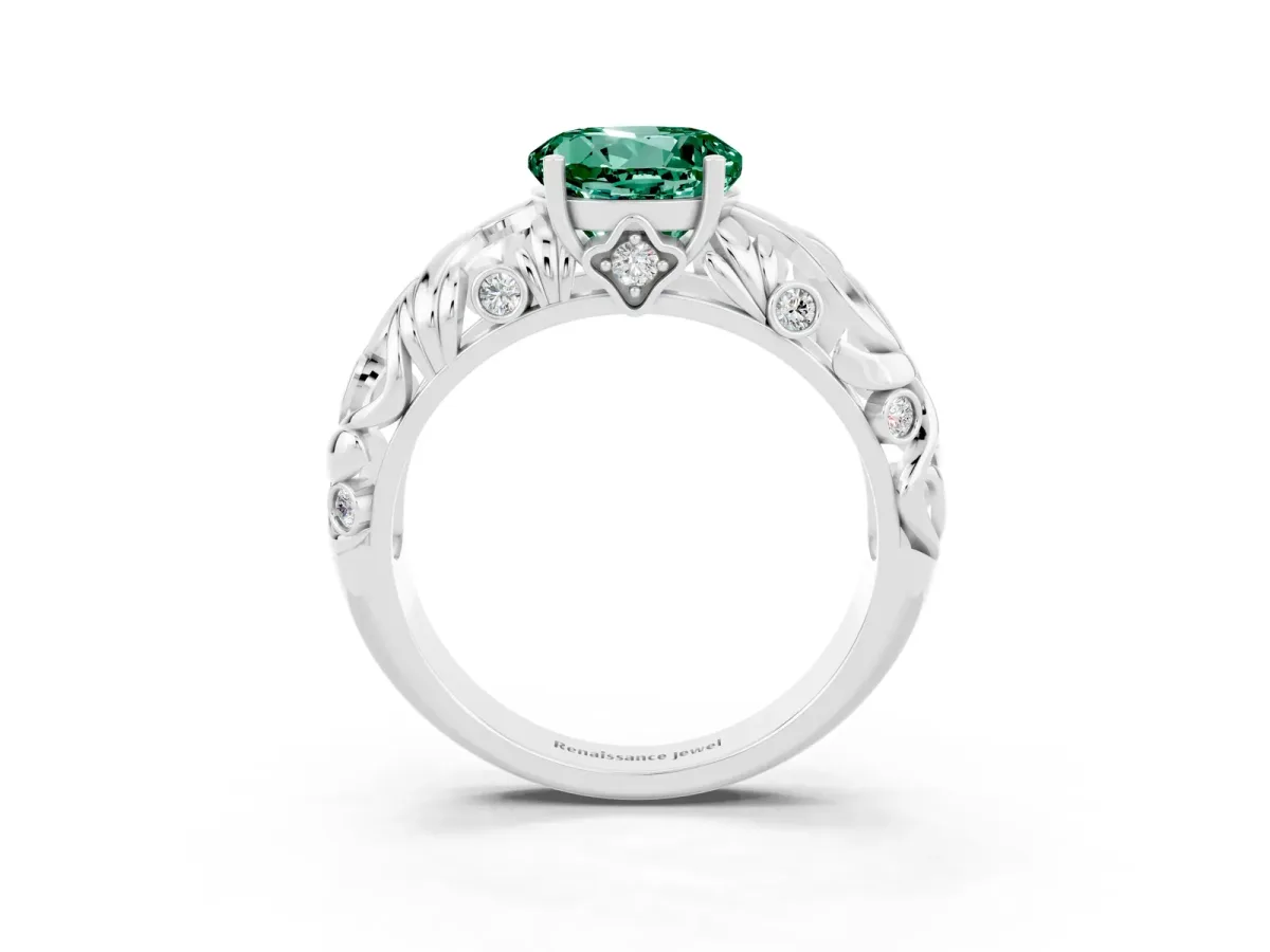 Round Cut Solitaire Green Sapphire Leaf-Inspired Vine Band Ring with Prong Setting Silver