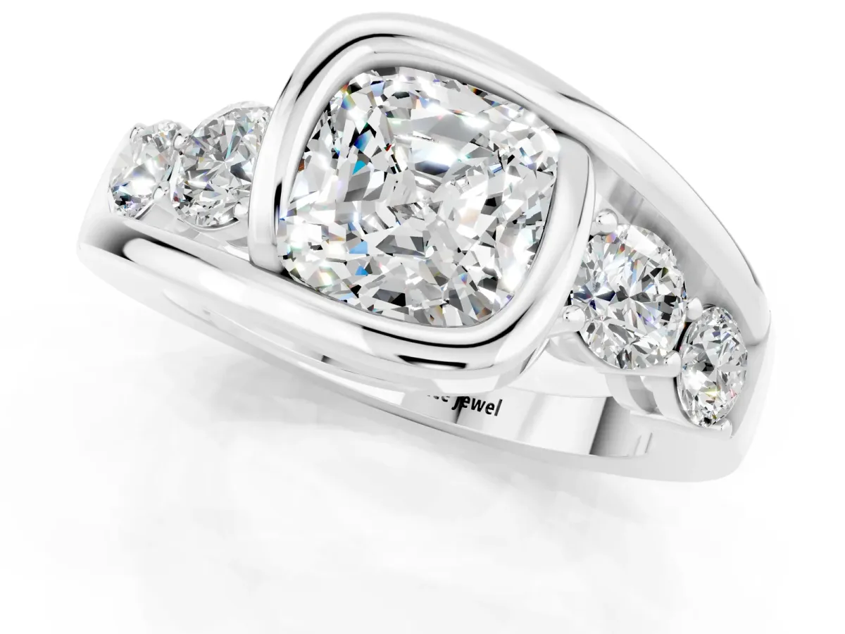 Bezel Set Cushion Cut Moissanite Bypass Ring with Round Accents Silver