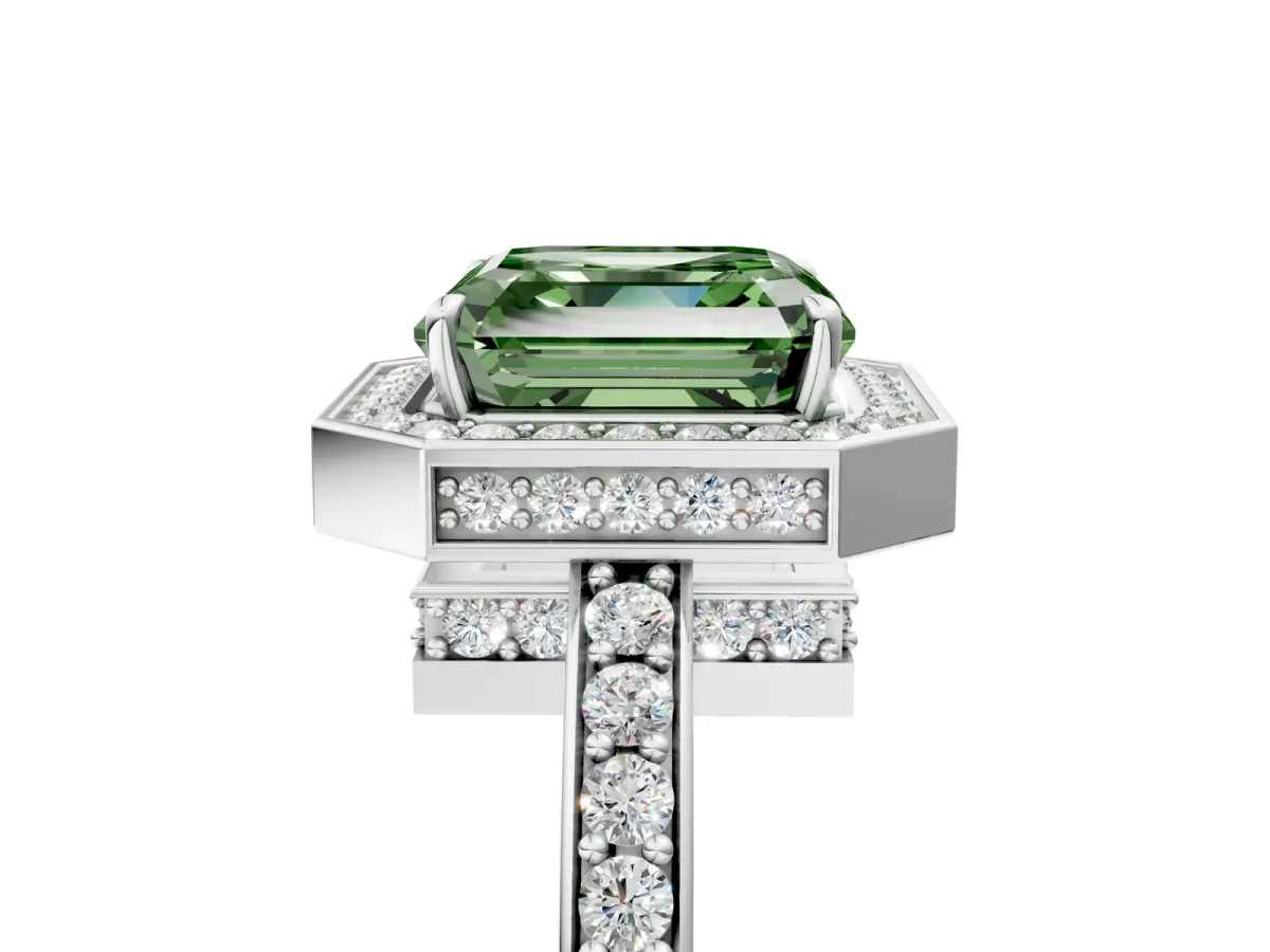 Fancy Green Asscher Cut Halo Pave Band Solitaire Ring with Prong Setting Platinum