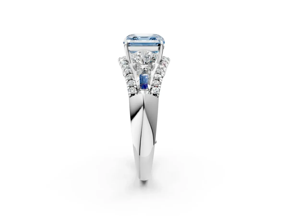 Fancy Blue Three-Stone Asscher Cut Diamond Engagement Ring with Pave Band and Prong Setting Platinum