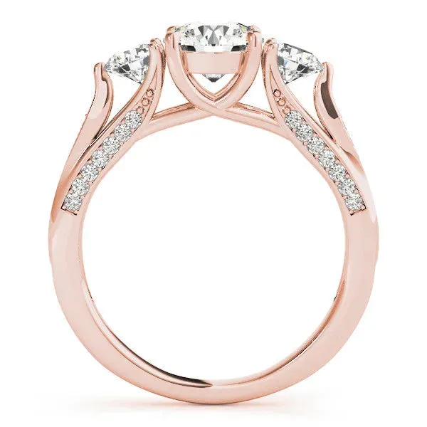 Round Cut Brilliant Three-Stone Engagement Ring with Split Shank and Prong Setting Rose gold