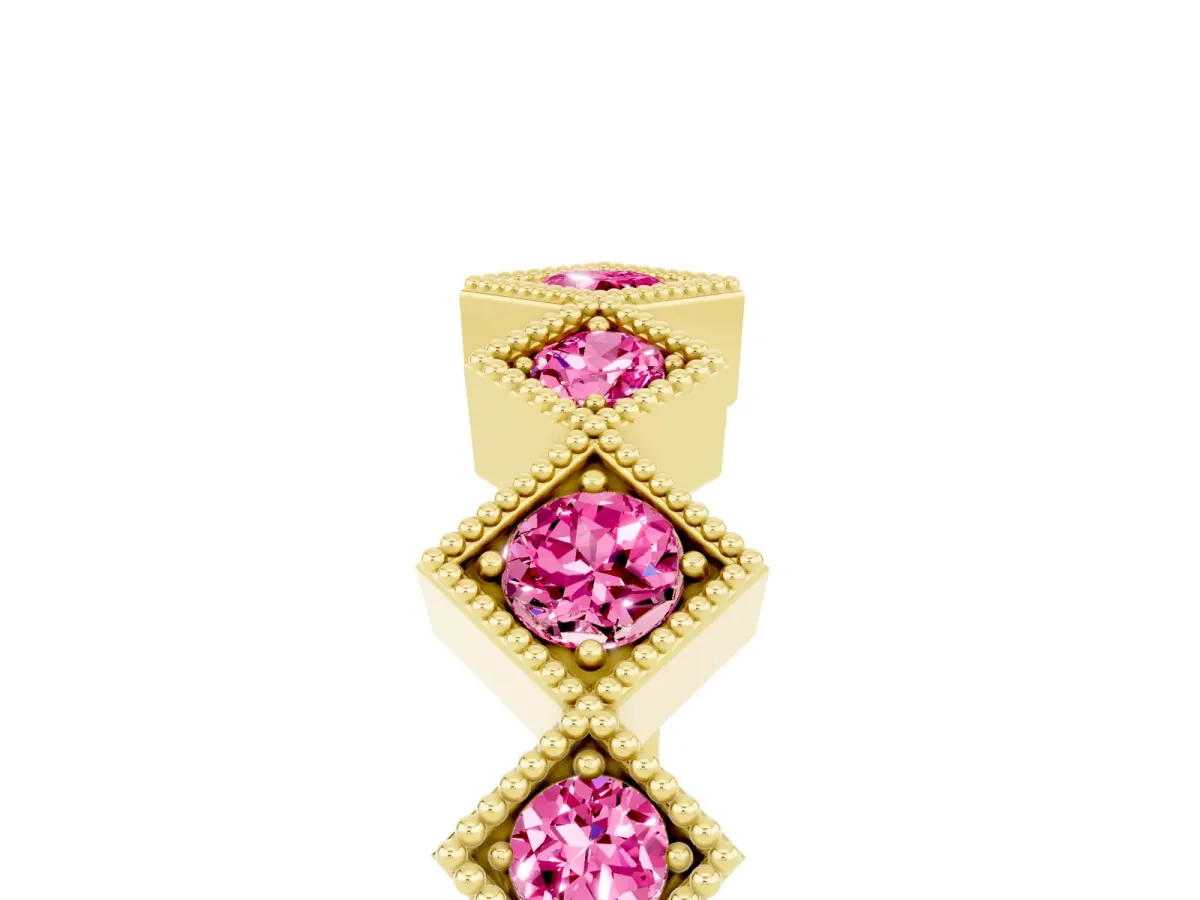 Milgrain Square Bezel Round Pink Sapphire Chevron Band Yellow gold