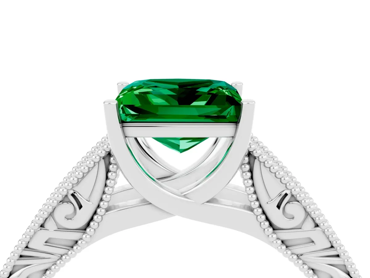Princess Cut Emerald Solitaire Ring with Engraved Band and Four-Prong Setting White gold