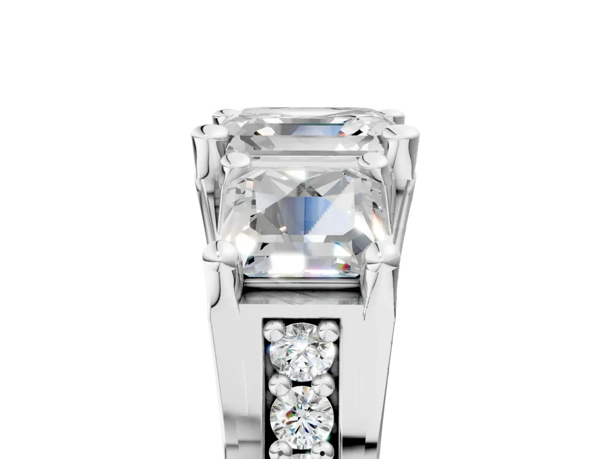 Asscher Cut Diamond Three-Stone Ring with Channel Set Band and Four-Prong Setting Platinum
