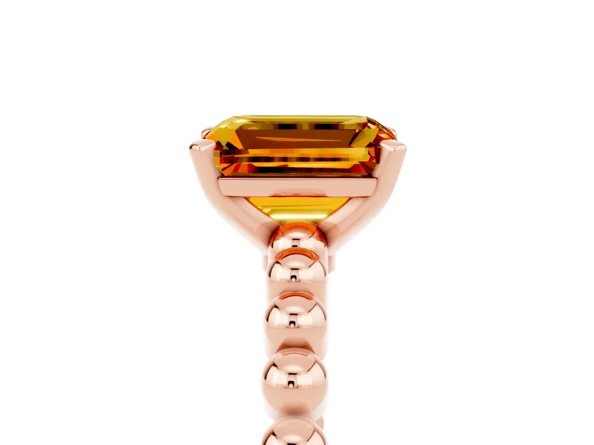 Emerald Cut Citrine Solitaire Ring with Beaded Band and Prong Setting Rose gold