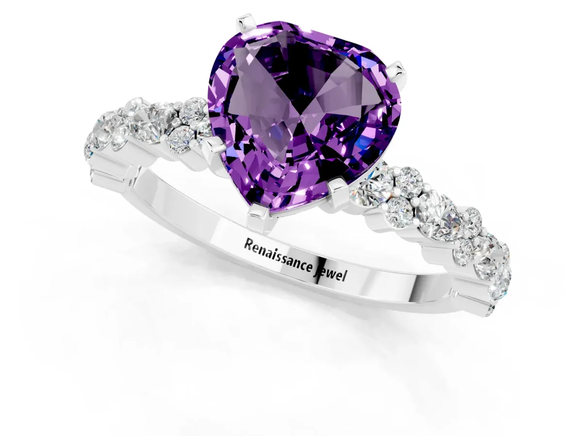 Heart Cut Amethyst Side Stone Solitaire Ring with Round and Four-Prong Setting Platinum