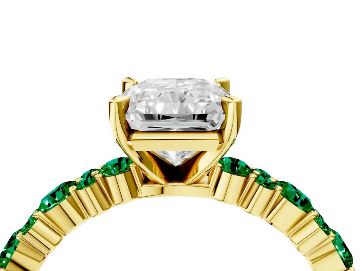 Radiant Cut Diamond Side Stone Solitaire Ring with Round Emerald and Four-Prong Setting Yellow gold