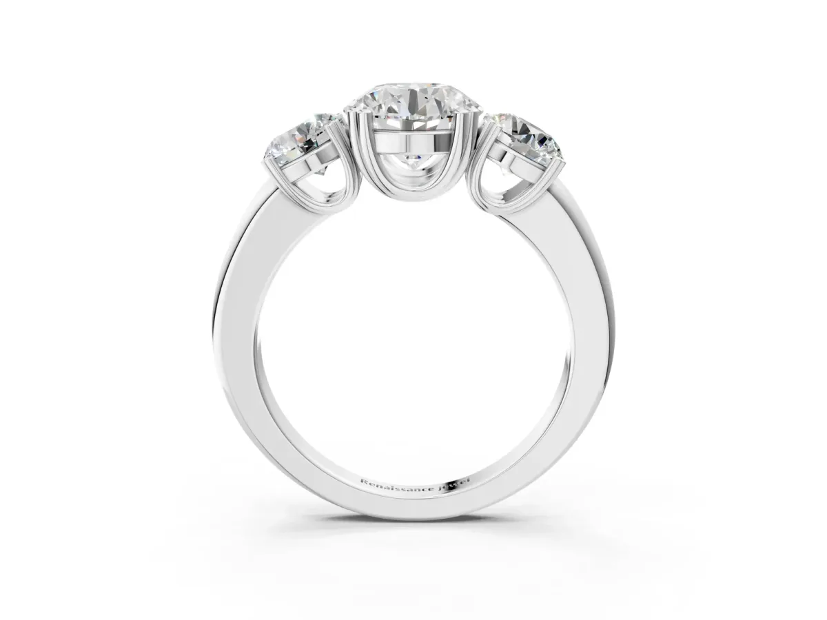 Three-Stone Round Cut Cut Diamond Ring with Channel Set Band and Four-Prong Setting White gold