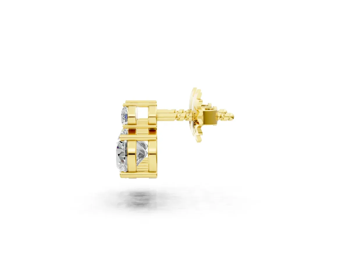 Round Diamond Basket-Set Stud Earrings with Diamond Accent Yellow gold