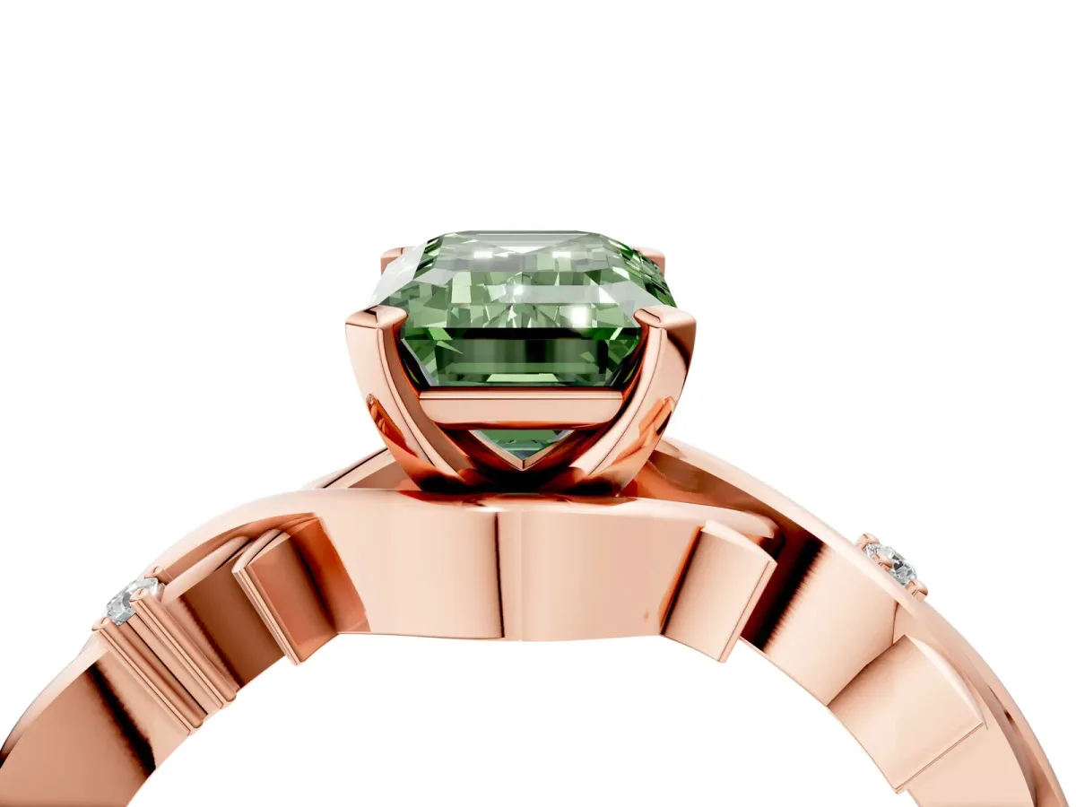Fancy Green Emerald Cut Diamond Solitaire Ring with Twisted Band and Prong Setting Rose gold