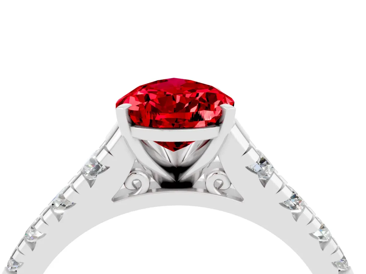 Pear Cut Ruby Cathedral Solitaire Ring with Round Pavé Band Platinum