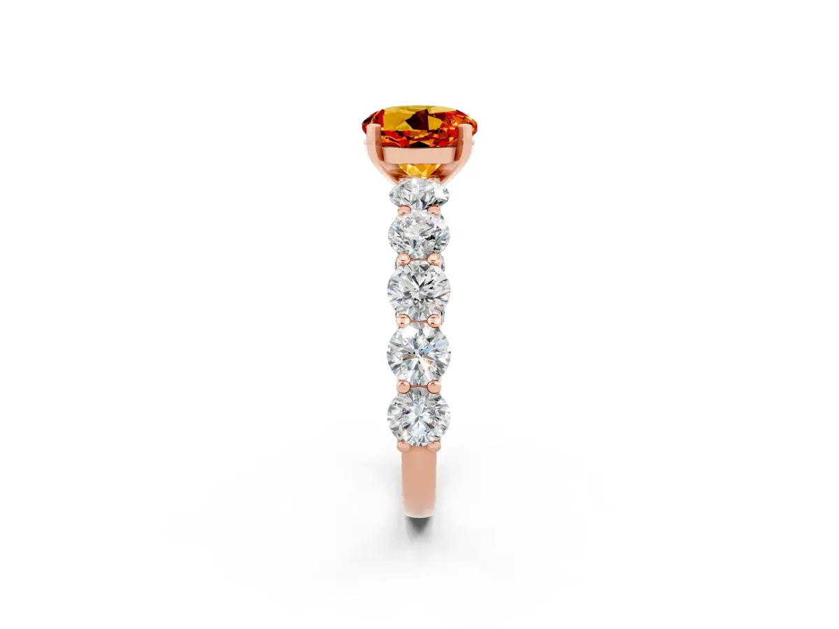 Round Cut Citrine Prong Setting with Side Stones on a Pave Band Rose gold