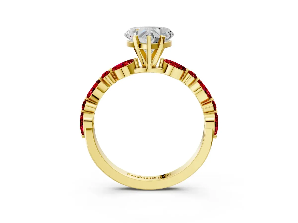 Heart Cut Diamond Ring with Marquise and Round Ruby Side Stones and Four-Prong Setting Yellow gold