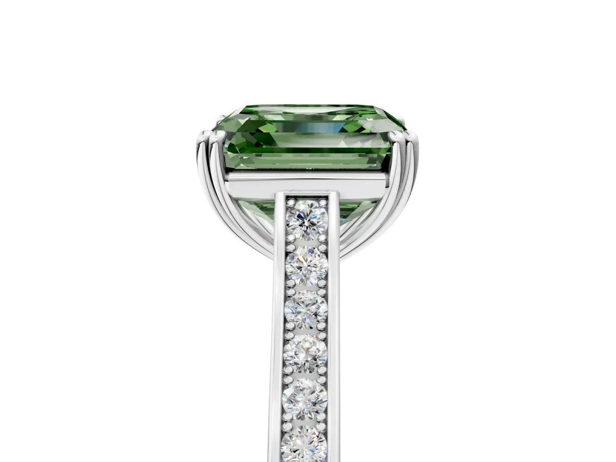 Fancy Green Asscher Cut Diamond Solitaire with Pave Band and Six-Prong Setting Platinum