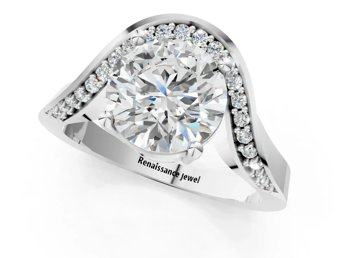 Round Cut Solitaire Diamond Engagement Ring with Pave Band and Four-Prong Setting Platinum